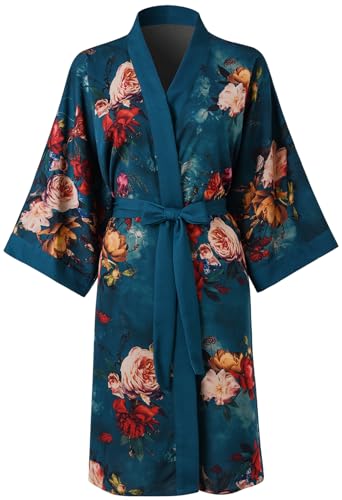 Ledamon Damen Kimono Kurz Robe für Frauen - Pocket Floral Bademantel Nachthemd (Dunkelgrün) von Ledamon