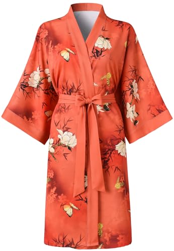 Ledamon Damen Kimono Kurz Robe für Frauen - Pocket Floral Bademantel Nachthemd (Orange) von Ledamon