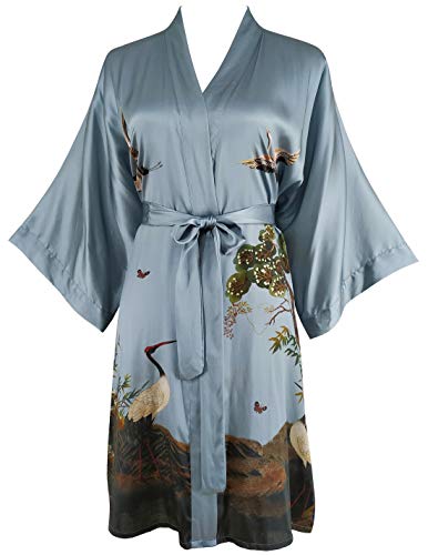 Ledamon Damen Kimono Kurzer Bademantel aus 100% Seide (Blau Grau) von Ledamon