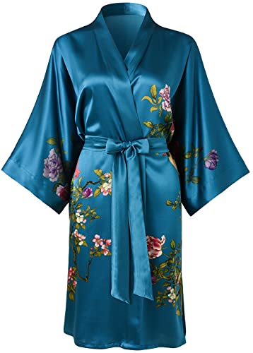 Ledamon Damen Kimono Kurzer Bademantel aus 100% Seide (Dunkelblau) von Ledamon