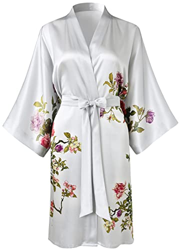 Ledamon Damen Kimono Kurzer Bademantel aus 100% Seide (Hellgrau) von Ledamon