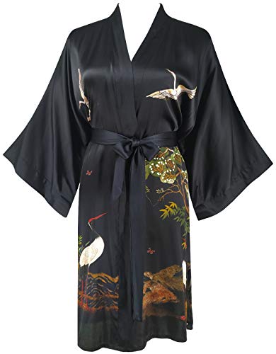 Ledamon Damen Kimono Kurzer Bademantel aus 100% Seide (Schwarz A) von Ledamon