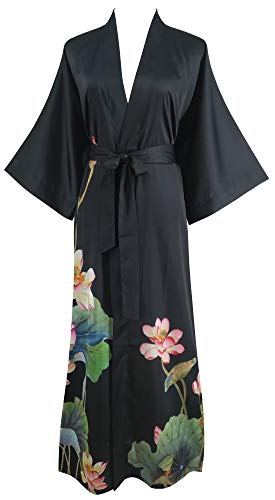 Ledamon Damen Kimono Langer Robe - Klassischer Floral Bademantel Nachthemd (Schwarz-A) von Ledamon