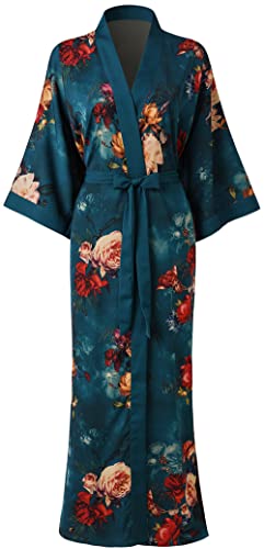 Ledamon Damen Kimono Robe Lang für Frauen - Pocket Floral Bademantel Nachthemd (Dunkelgrün.) von Ledamon