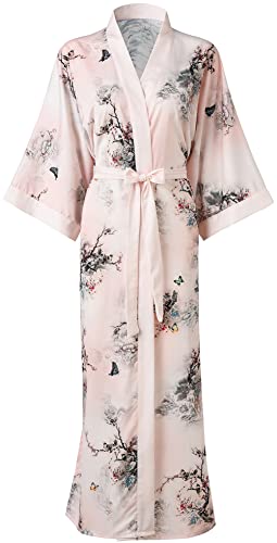 Ledamon Damen Kimono Robe Lang für Frauen - Pocket Floral Bademantel Nachthemd (Helles Pink) von Ledamon