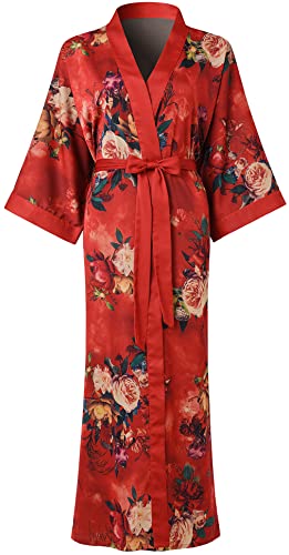 Ledamon Damen Kimono Robe Lang für Frauen - Pocket Floral Bademantel Nachthemd (Rosenrot) von Ledamon