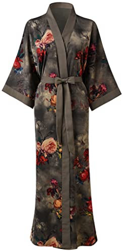 Ledamon Damen Kimono Robe Lang für Frauen - Pocket Floral Bademantel Nachthemd (Schwarzgrau) von Ledamon