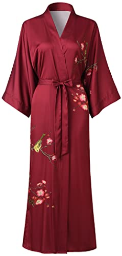 Ledamon Damen Kimono Robe Lang für Frauen - Pocket Floral Bademantel Nachthemd (Weinrot) von Ledamon