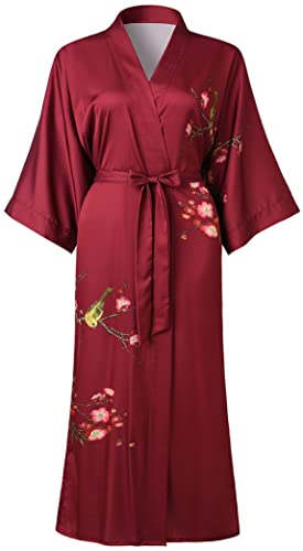 Ledamon Damen Plus Größe Kimono Robe lang für Frauen - Tasche Floral Bademantel Nachthemd (Weinrot) von Ledamon