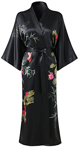 Ledamon Damen Seide Kimono Robe Bademantel, 100% Seide - klassische Floral Morgenmantel Nachthemd (Black-C) von Ledamon