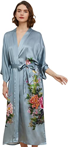 Ledamon Damen Seide Kimono Robe Bademantel, 100% Seide - klassische Floral Morgenmantel Nachthemd (Blaugrau-B) von Ledamon