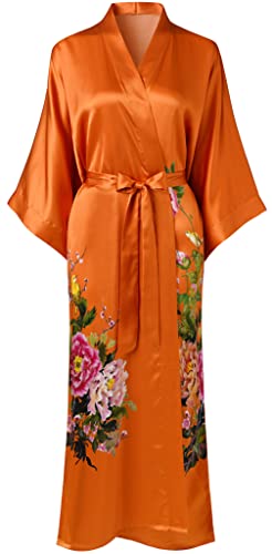 Ledamon Damen Seide Kimono Robe Bademantel, 100% Seide - klassische Floral Morgenmantel Nachthemd (Dunkelorange-a) von Ledamon