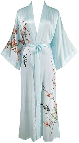 Ledamon Damen Seide Kimono Robe Bademantel, 100% Seide - klassische Floral Morgenmantel Nachthemd (Light Blue-a) von Ledamon