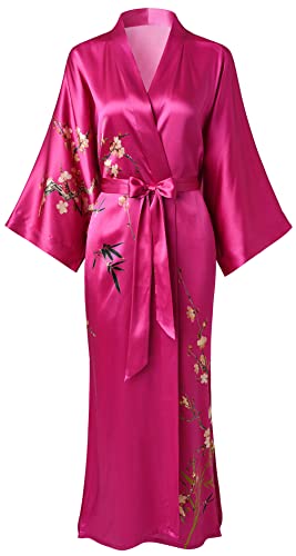 Ledamon Damen Seide Kimono Robe Bademantel, 100% Seide - klassische Floral Morgenmantel Nachthemd (Rose Red-a) von Ledamon