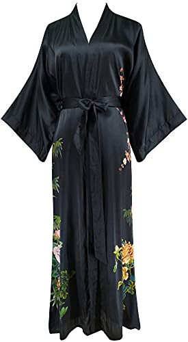 Ledamon Damen Seide Kimono Robe Bademantel, 100% Seide - klassische Floral Morgenmantel Nachthemd (Schwarz 2) von Ledamon