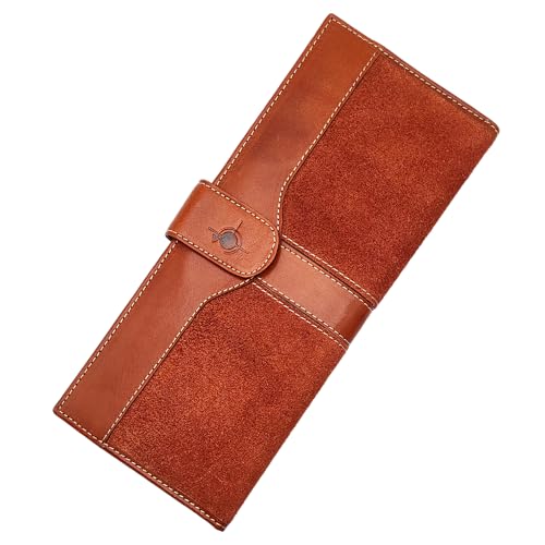 Leddy Living Lange Herren-Geldbörse aus echtem Wildleder, handgefertigt in Italien mit 6 Kartenfächern, Scheckfach und 4 Taschen für Banknoten, Verschluss mit Knopf, elegant, handwerklich, braun von Leddy Living