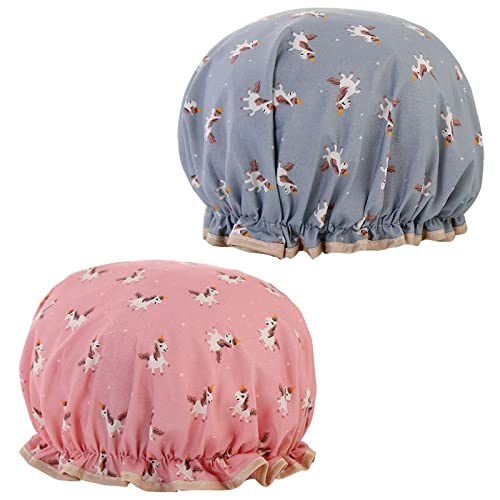 Ledeak 2 Stücke Duschhaube Damen, Doppelschicht Duschkappe Wasserdichte Duschhaube Elastisch Duschhaube, Wiederverwendbare Duschhauben für Damen Frauen Mädchen Salon Spa (Rosa+Blau) von Ledeak