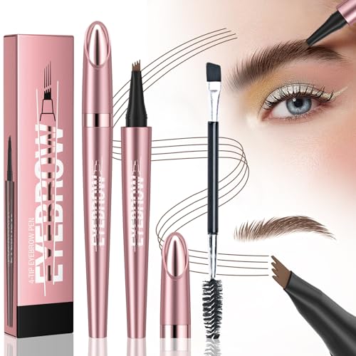 Ledeak Augenbrauenstift Wasserfest, 3D Magischer Microblading Augenbrauenstift, Eyebrow Pencil mit 4 Gabelspitze, Augenbrauen Stift Wischfest Brow Pencil für Damen und Anfänger (Dunkelbrauner) von Ledeak