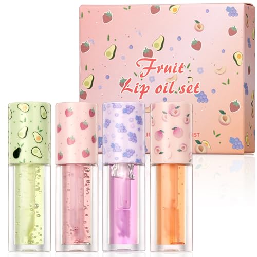 Ledeak Lipgloss Set, 4 Stück Lip Oil Set, Fruity Moisturizing Lippenöl, Nicht Klebrigen Lip Gloss, Durchsichtig Glossy Flüssigen Lippenstift, Langanhaltend Lippenpflege Make up Set für Trockene Lippen von Ledeak