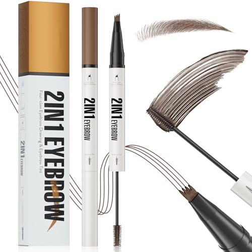 Microblading Augenbrauenstift Wasserfest, 2-in-1 Dual-Ended Eyebrow Pencil und Getöntes Augenbrauen Gel mit Micro-Gabelspitzen-Applikator & Spiralpinsel Pinselspitze, Natürliche Make-Up (Brauner) von Ledeak
