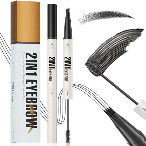 Microblading Augenbrauenstift Wasserfest, 2-in-1 Dual-Ended Eyebrow Pencil und Getöntes Augenbrauen Gel mit Micro-Gabelspitzen-Applikator & Spiralpinsel Pinselspitze, Natürliche Make-Up (Schwarz) von Ledeak