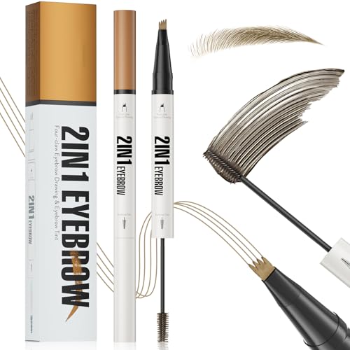 Microblading Augenbrauenstift Wasserfest, 2-in-1 Dual-Ended Eyebrow Pencil und Getöntes Augenbrauen Gel mit Micro-Gabelspitzen-Applikator & Spiralpinsel Pinselspitze, Natürliche Make-Up (Hellbraun) von Ledeak