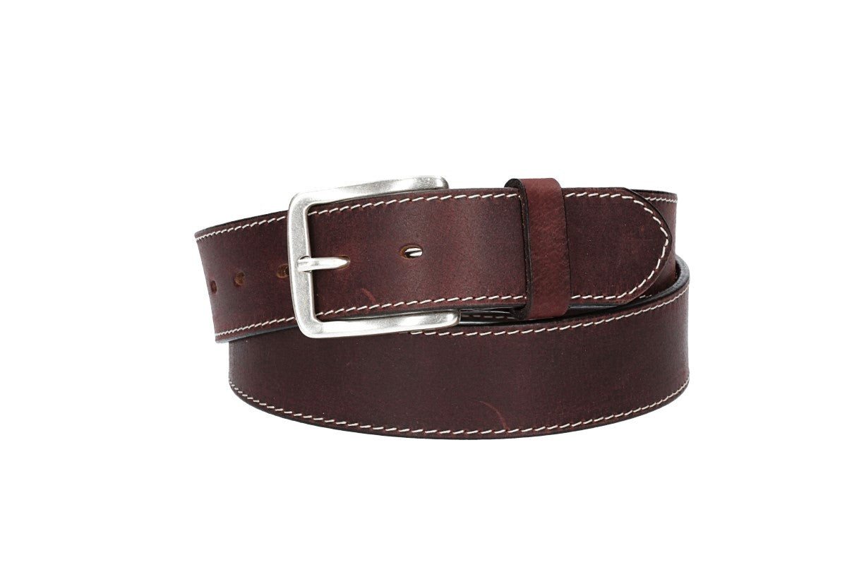 Leder Bazlen Ledergürtel Rot, Bordeaux 40mm abgenäht mit Dornschließe in Silber (LB1131B40N-390) sehr weiches Vollrindleder von Leder Bazlen