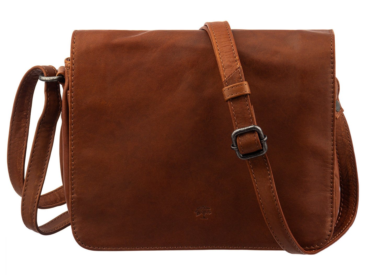 Leder Meid Umhängetasche Jagdttasche L mit Überschlag (ein Stück, 1-tlg., ca. B/H/T 20,5/16/6 cm), Logoschriftzug auf der Vorderseite von Leder Meid