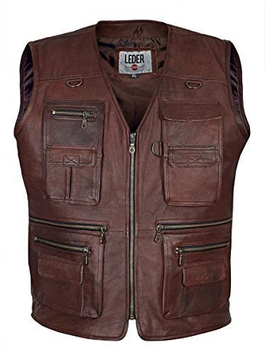 LEDER24H Herren Outdoor Lederweste Ranger Weste Schießweste Anglerweste 1035 (DE/NL/SE/PL, Alphanumerisch, 6XL, Regular, Regular, Braun mit 10 Außentaschen) von Leder24h lederwaren rund um die Uhr