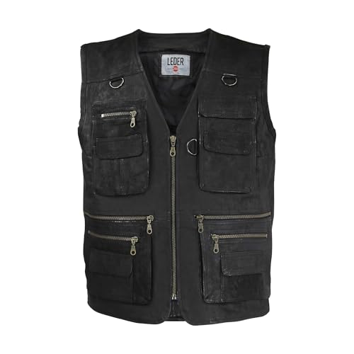 LEDER24H Herren Outdoor Lederweste Ranger Weste Schießweste Anglerweste 1035 (DE/NL/SE/PL, Alphanumerisch, XS, Regular, Regular, Mattes Schwarz) von Leder24h lederwaren rund um die Uhr