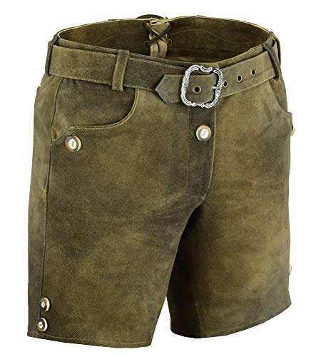 Bayerische Kurze Damen Lederhose mit Gürtel, Trachtenlederhose Frauen kurz, Damen Trachtenlederhose im Nubuk Echtleder Braun- mit Gürtel (36 EU Damengrößen, Braun) von LederGwand