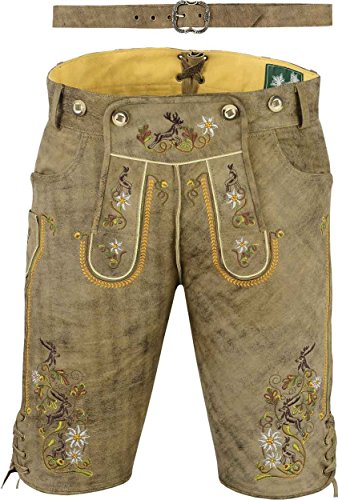 Lederhose mit Gürtel, echt Leder Nubuk Trachten Lederhose Herren kurz, Trachtenlederhose kurz Damen mit Gürtel in Beige- Braun (46 EU Herren, Beige-Braun) von LederGwand