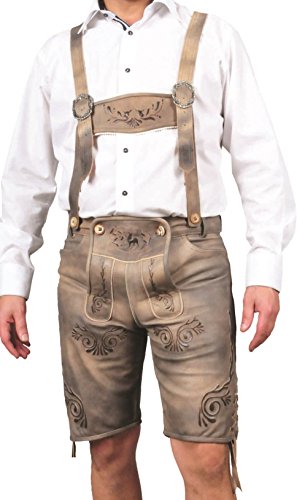 Lederhose mit Träger, Trachten Lederhose Herren kurz, Damen Trachtenlederhose im Antik Nubuk echt Leder Beige-Braun (60, Beige-Braun) von LederGwand