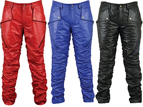 Motorrad Lederhose Herren Damen Bikerjeans - Fuente Lederjeans Motorrad Lederhose Biker aus echtem Leder Aniline Schwarz Rot Blau, Größentabelle im Bild (48, Blau) von LederGwand