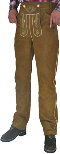 Trachten Lederhose lang Herren Damen- Hochwertige Fuente Trachtenhose Leder lang aus echtem Leder Nubuk, Bayerische Lederhose in Hellbraun (32, Camel) von LederGwand