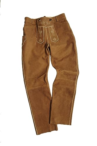 Trachten Lederhose lang Herren Damen- Hochwertige Fuente Trachtenhose Leder lang aus echtem Leder Nubuk, Bayerische Lederhose in Hellbraun (44, Camel) von LederGwand