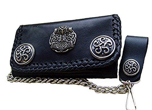 Biker -Leder-Geldbörse Zierniete Nordgermanischer Thorshammer Lederfarbe Schwarz 16x10 cm mit Kette und Schlaufe mit Druckknopf von Lederecke Konstanz