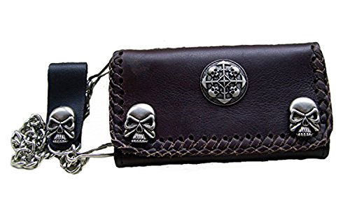 Biker-Leder-Geldbörse Wallet Geldbeutel Zierniete Circle of Skull Lederfarbe Braun mit Kette und Schlaufe mit Druckknopf von Lederecke Konstanz