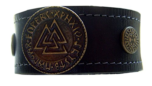 Lederarmband Wotansknoten mit Odins Schutz schwarz/Messing von Lederecke Konstanz