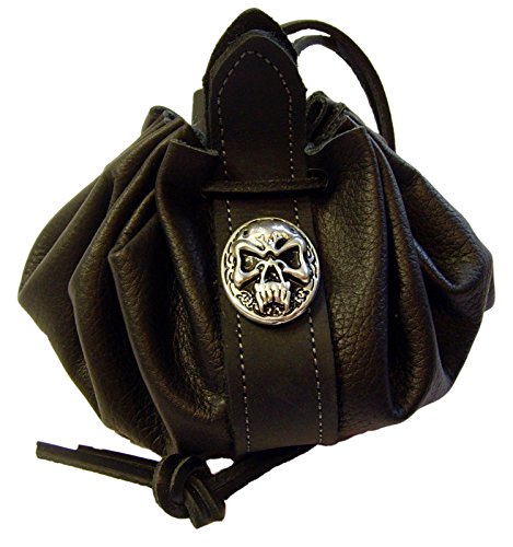 Leder-beutel Dukatenbeutel Geld-katze Leder-Farbe schwarz Zierniete Nordic Skull Säckchen rund offen ca. 28cm Durchm. von Lederecke Konstanz