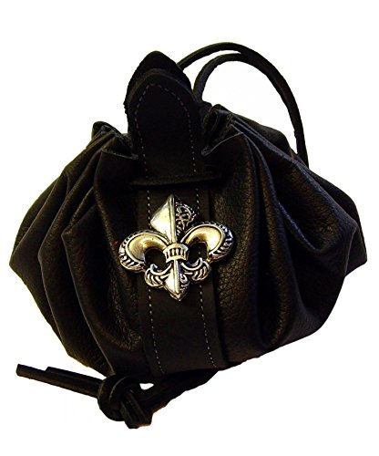 Leder-beutel Dukatenbeutel Geld-katze Leder-Farbe schwarz Zierniete Fleur de LYS Säckchen Durchm. offen ca. 28 cm rund von Lederecke Konstanz