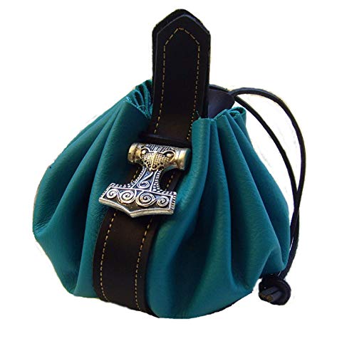 Lederbeutel Dukatenbeutel Geldkatze rund Lederfarbe Türkis-schwarz Zierniete Thor-Hammer Durchmesser offen 28cm NEU von Lederecke Konstanz