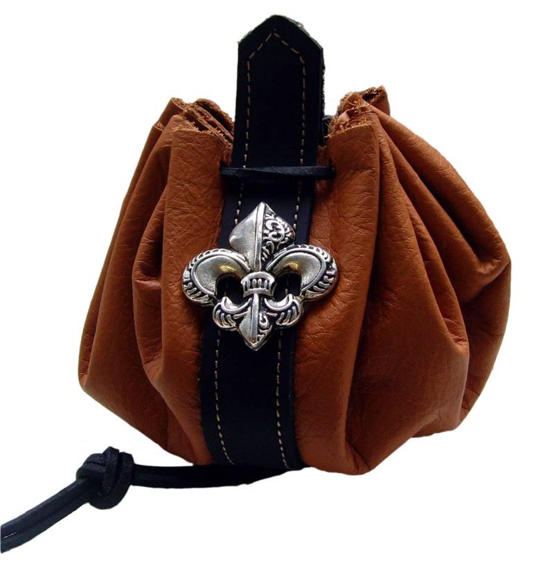 Lederbeutel Mit Zierniete Fleu De Lys Verschiedene Lederfarben Und Beschlagfarben Offen Durchmesser Ca. 28cm Dukatenbeutel Ledersäckchen von LedereckeKonstanz