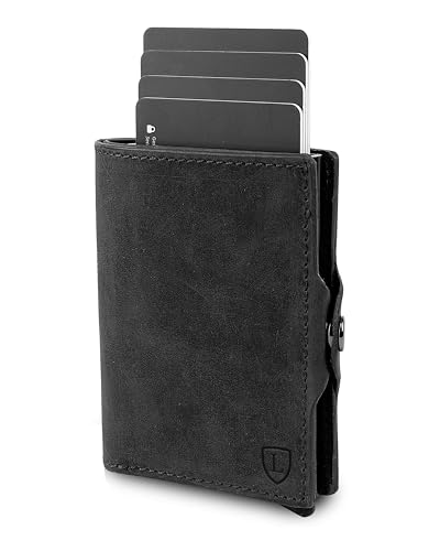 Lederhand® Swipe Vintage – Premium Wildleder Geldbörse handgemacht für Herren und Damen Portemonnaie Aluminium Kartenhalter mit Münzfach und Platz für 10 Karten mit RFID NFC Schutz | (Schwarz) von Lederhand