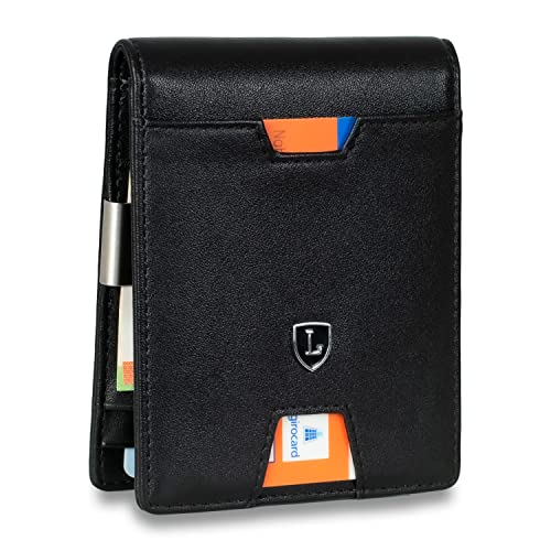 Lederhand® iSlim Wallet - Glattleder Geldbeutel mit Geldklammer und Münzfach, 9 Kartenfach Premium Geldbörse - Slim Wallet mit RFID NFC Schutz - Farbe Schwarz von Lederhand