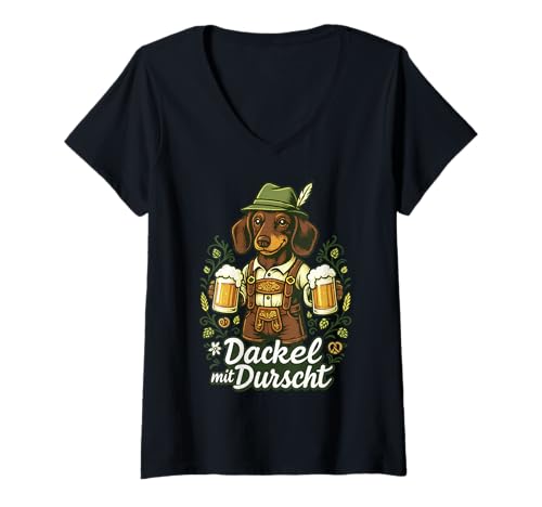 Damen Oktoberfest Lederhosn Wiesen Dirndl Ersatz Tracht Trachten T-Shirt mit V-Ausschnitt von Lederhosen Dirndel Wiesn Trachtenshirt Bayrisch