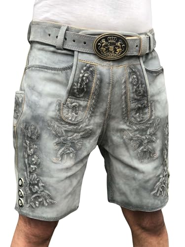 Lederhose Herren Oktoberfest, Traditionelle Wildbock Lederhose, Kurze Bayrische Trachtenhose Mit Trachten Gürtel Gr 46-58 (DE/NL/SE/PL, Numerisch, 48, Regular, Kurz, Standard, Grau) von Lederhosen Men