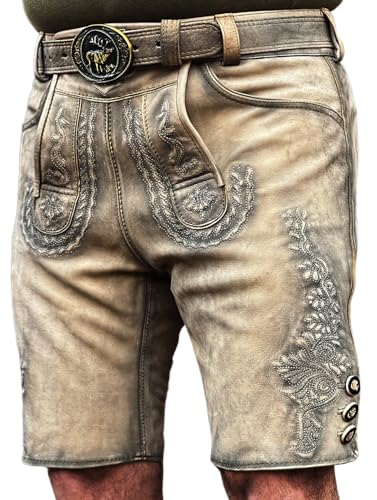 Lederhose Herren Oktoberfest Lederhose, traditionelle Wildbock Lederhose,Kurze Bayrische Trachtenhose mit Trachten Gürtel Gr 46-58 (DE/NL/SE/PL, Numerisch, 46, Regular, Kurz, Standard, Braun) von Lederhosen Men