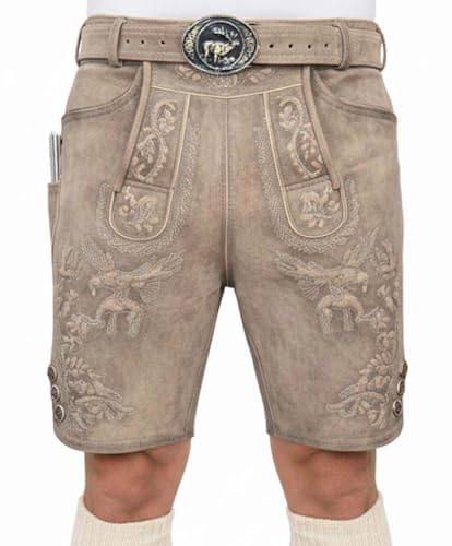 Oktoberfest Lederhose, Trachtenlederhose kurz aus Wildbock Leder, Bayrische Lederhose Herren mit Gurtel Gr 46-58 (DE/NL/SE/PL, Numerisch, 54, Regular, Kurz) von Lederhosen Men