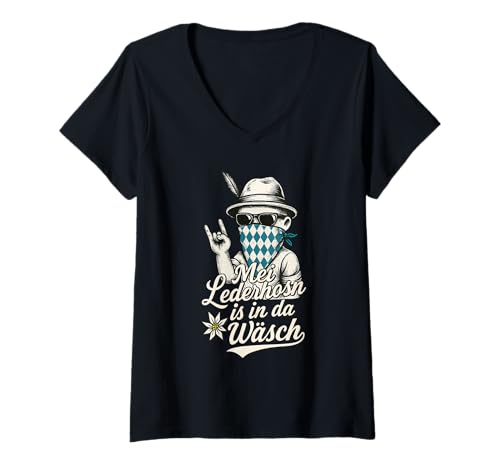 Damen Tracht Mei Lederhosn Is In Da Wäsch Bayerisch Tracht Ersatz T-Shirt mit V-Ausschnitt von Lederhosen Trachten Ersatz Dirndl Dialekt Boarisch
